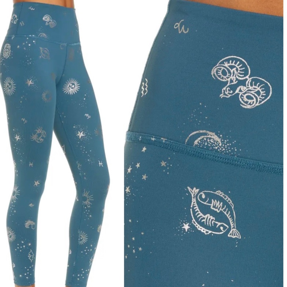BEYOND YOGA : High Waist Midi Leggings BLUE CHAMPAGNE ZODIAC FOIL